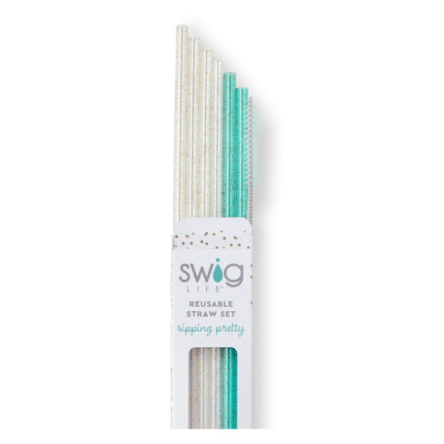 Swig Life Glitter Clear + Aqua Reusable Straw Set | Lids, Straws + More